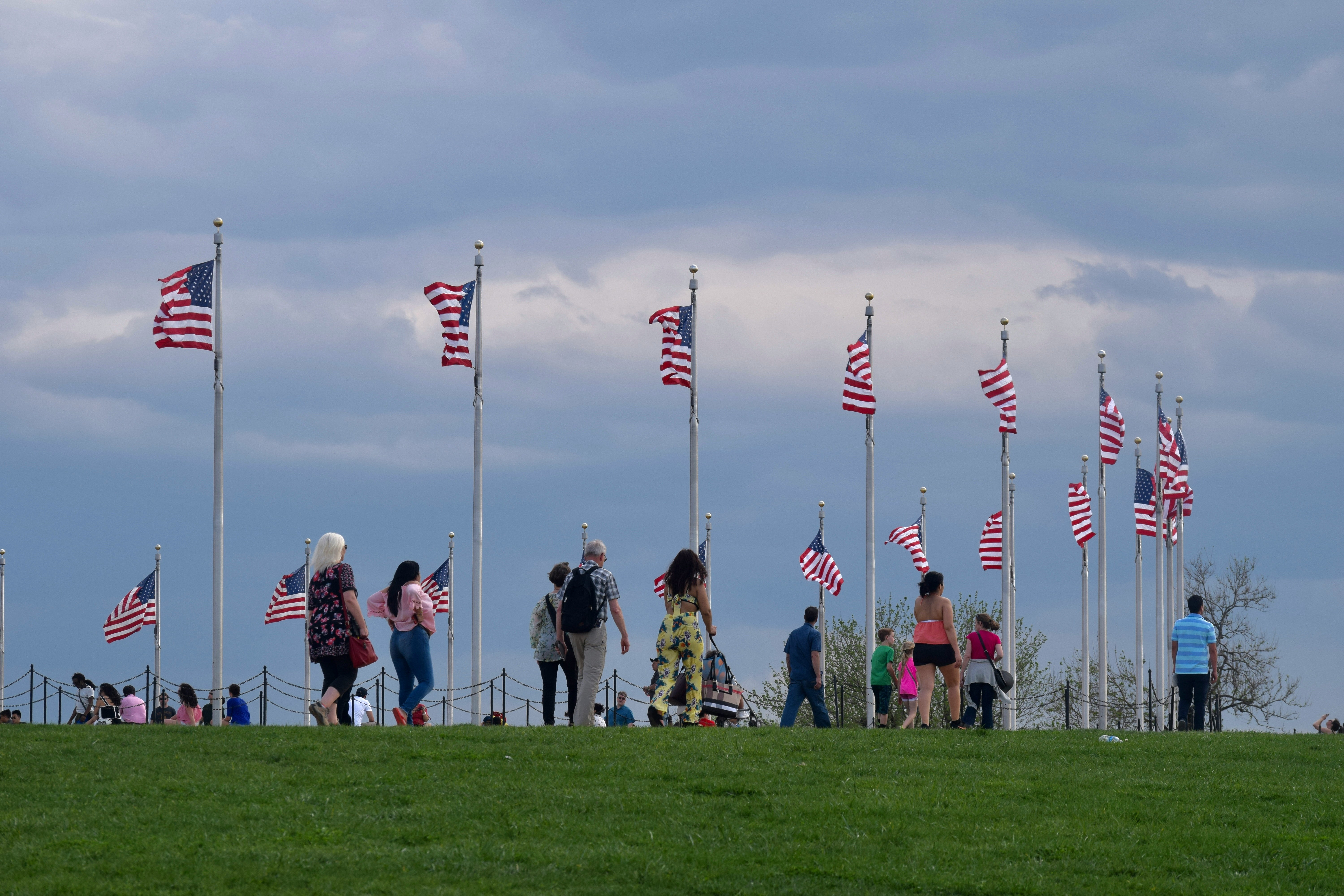 People gather on a grassy hill under a cloudy sky, surrounded by several American flags waving in the wind, creating a calm and patriotic scene.
